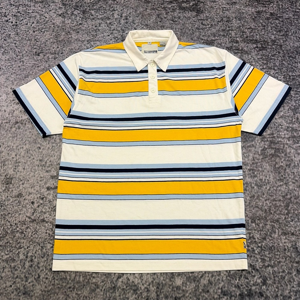 Vintage Y2K Point Zero Polo Shirt Striped Mens Medium White Yellow Blue Skater